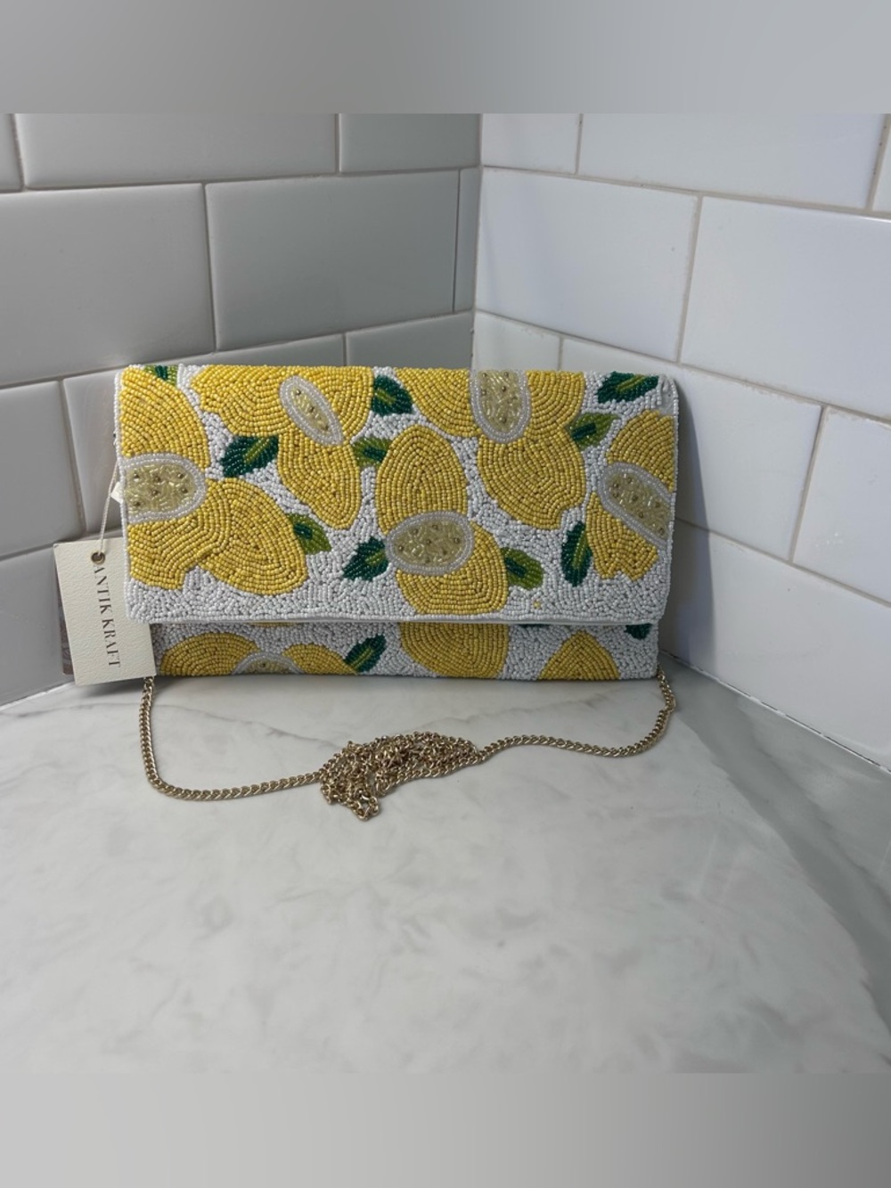 🍋 NWT Antik Kraft Beaded Lemons Handbag Clutch  Crossbody Shoulder Flap Bag 🍋